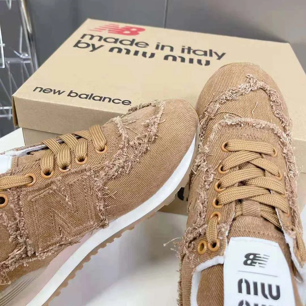 Miu Miu New Balance 574 x Miu Miu Marbleized Denim Sneakers for Women in Brown