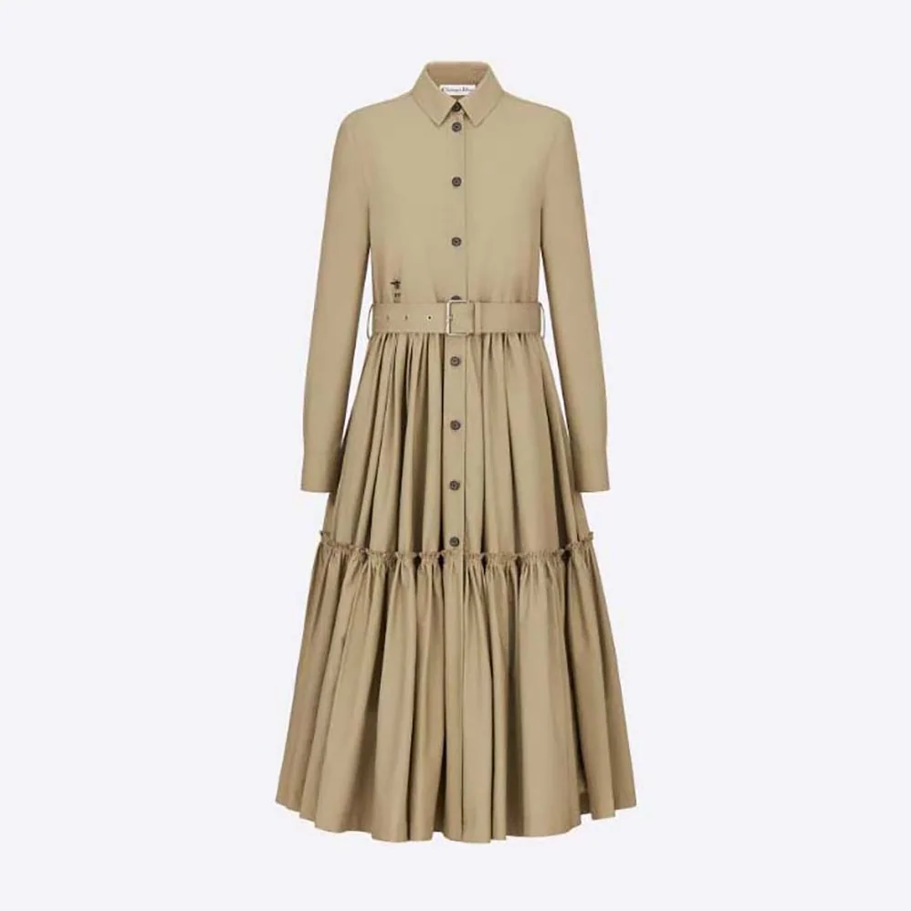 Dior Mid-Length Belted Dress Beige Cotton Gabardine for Women