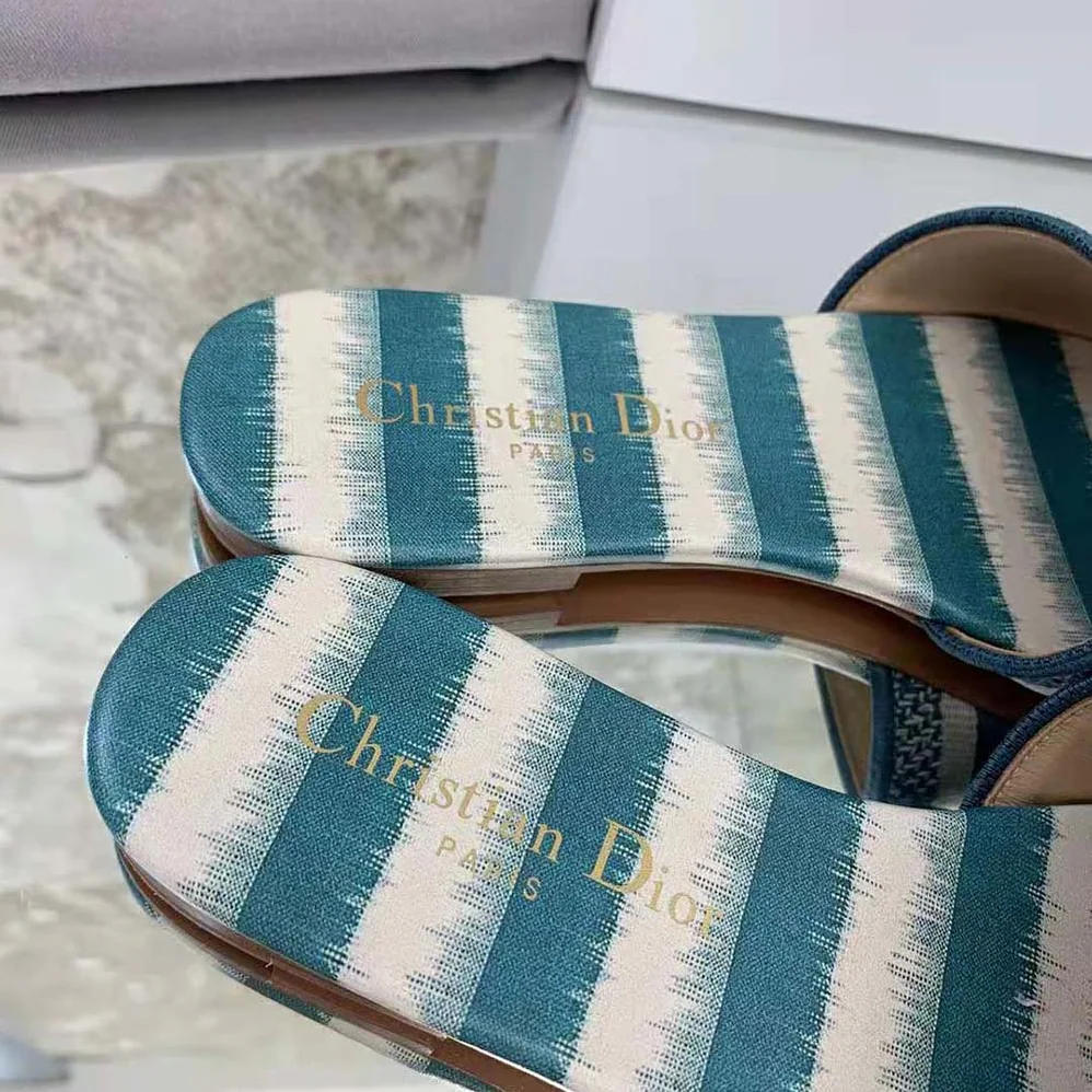 Dior Dway Slide Deep Ocean Blue D for Women in Stripes Embroidered Cotton