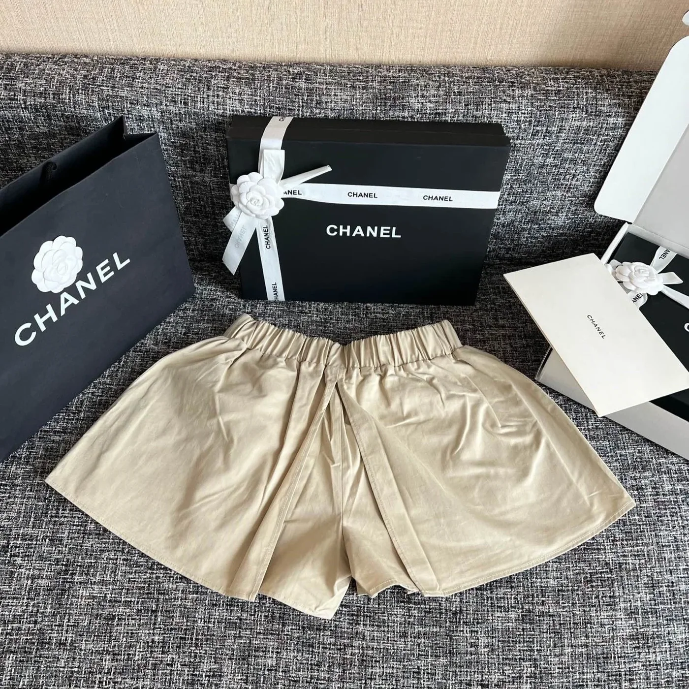 Chanel Cotton Twill Utility Cargo Shorts Sand