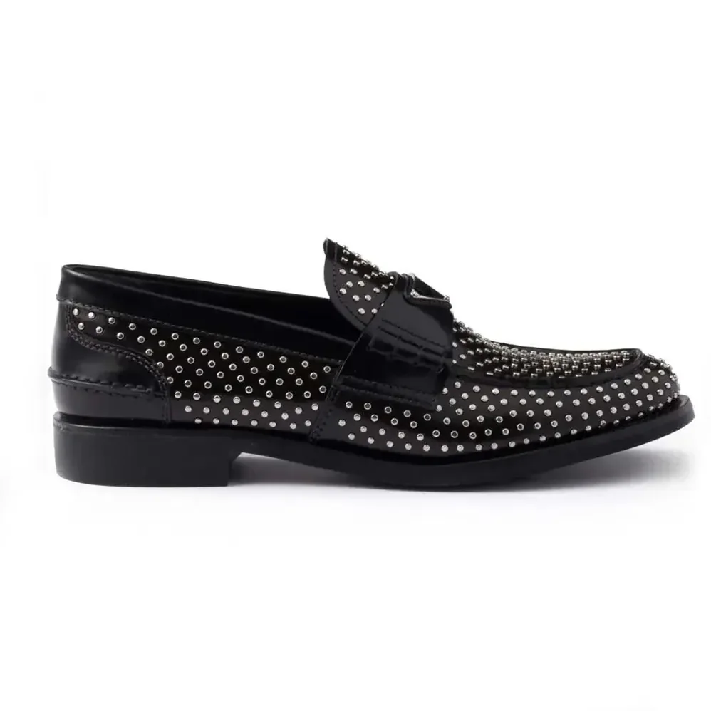 Prada Chocolate Satin Loafers with Crystals for Women in Black