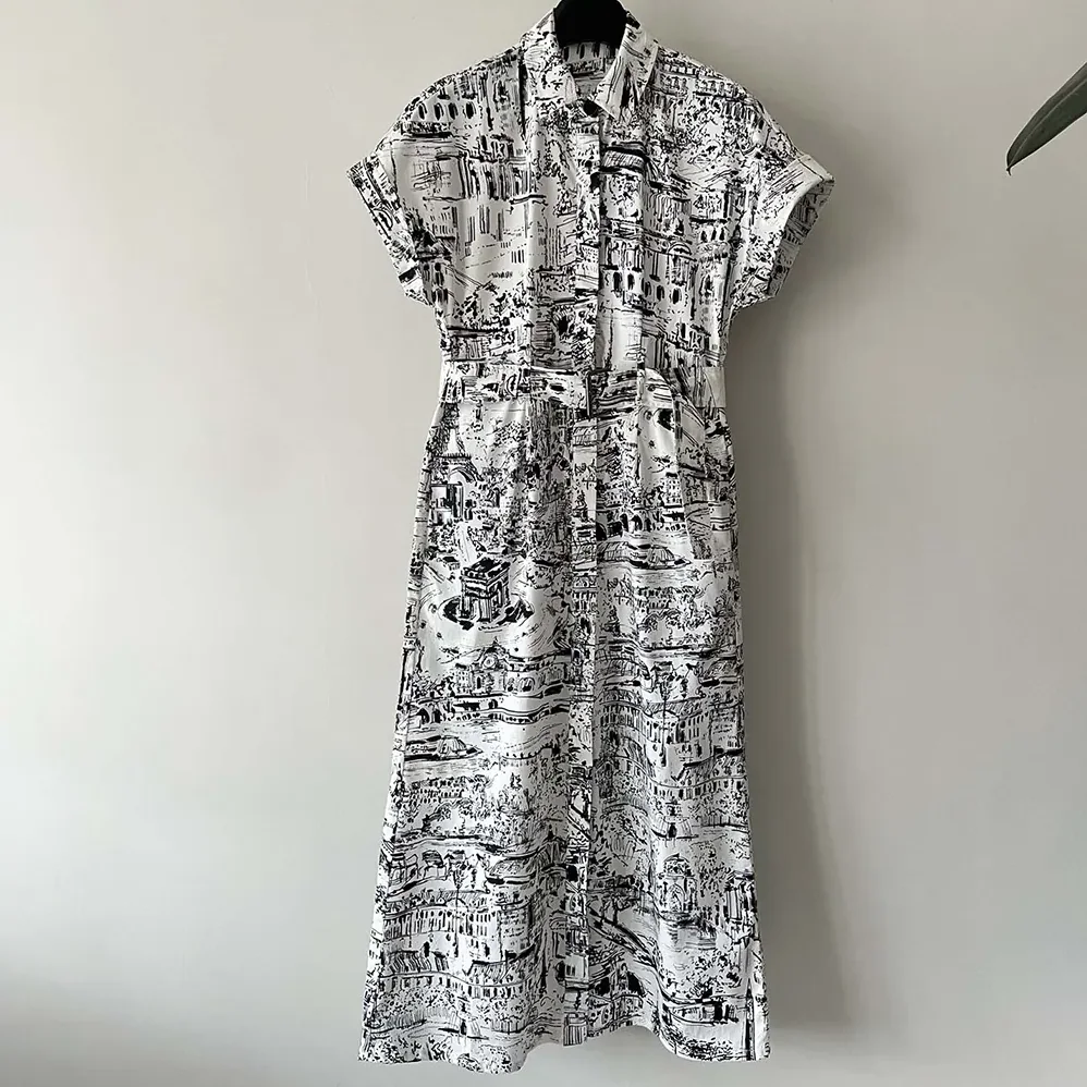 Dior Mid-Length Shirt Dress White and Black Cotton and Silk Poplin with Paris Allover Motif for Women Dior Mid-Length Shirt Dress White and Black Cotton and Silk Poplin with Paris Allover Motif for Women