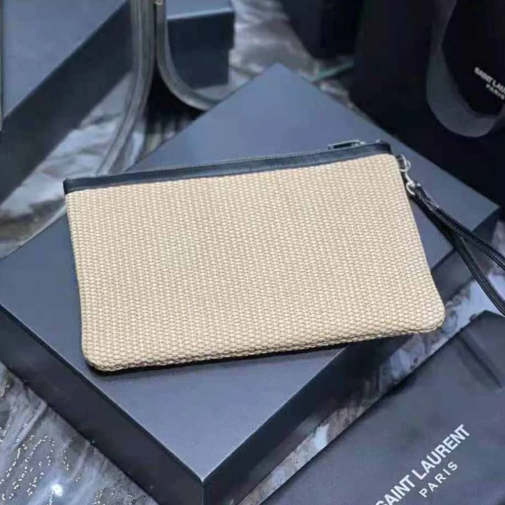 Saint Laurent YSL Rive Gauche Zippered Pouch in Embroidered Raffia and Leather for Women
