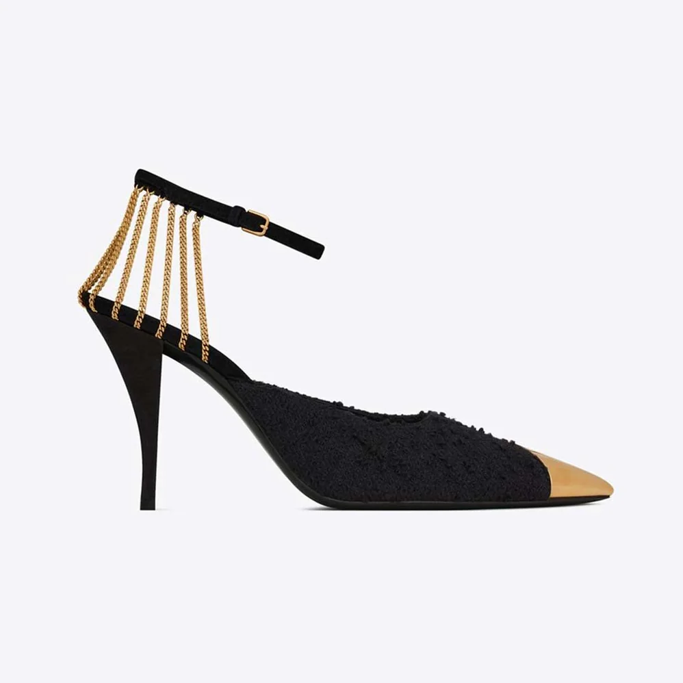 Saint Laurent YSL Sling Chain Pumps in Boucle Tweed for Women Saint Laurent YSL Sling Chain Pumps in Boucle Tweed for Women