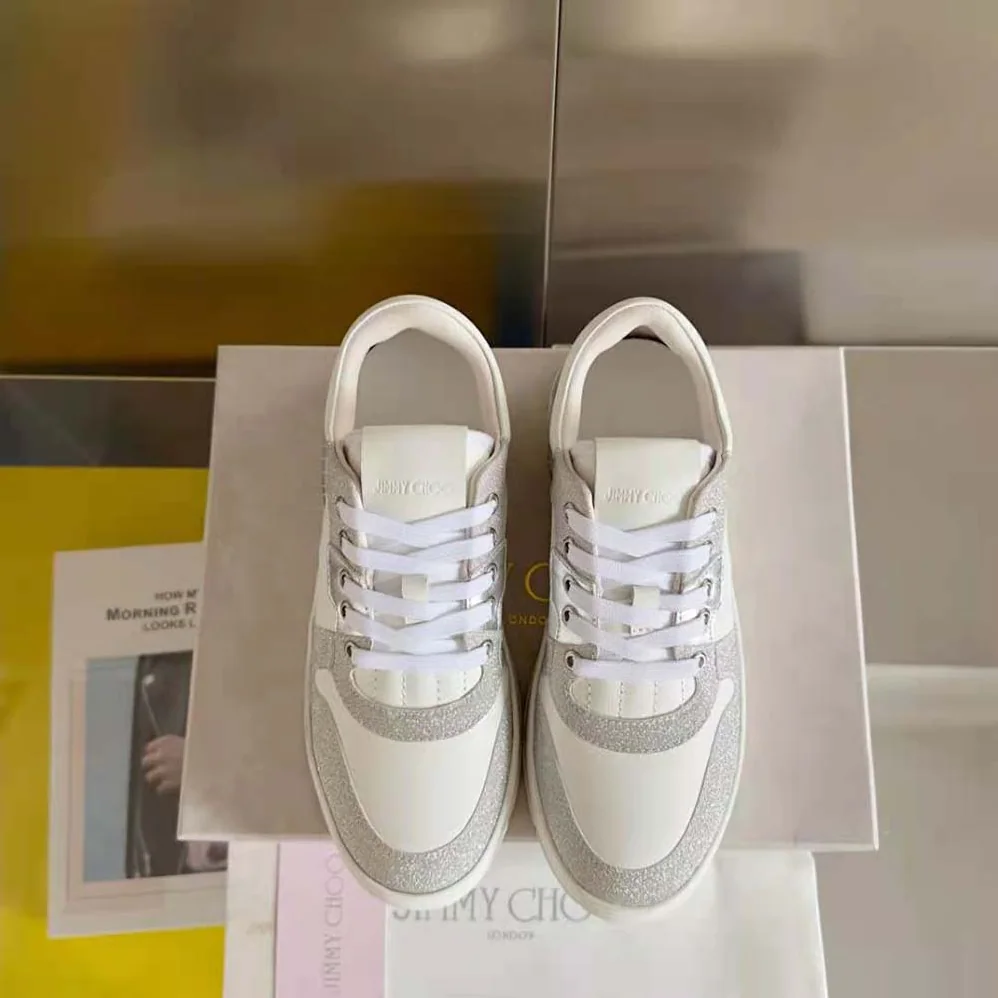 Jimmy Choo Florent/F White Leather Trainers with Glitter for Women