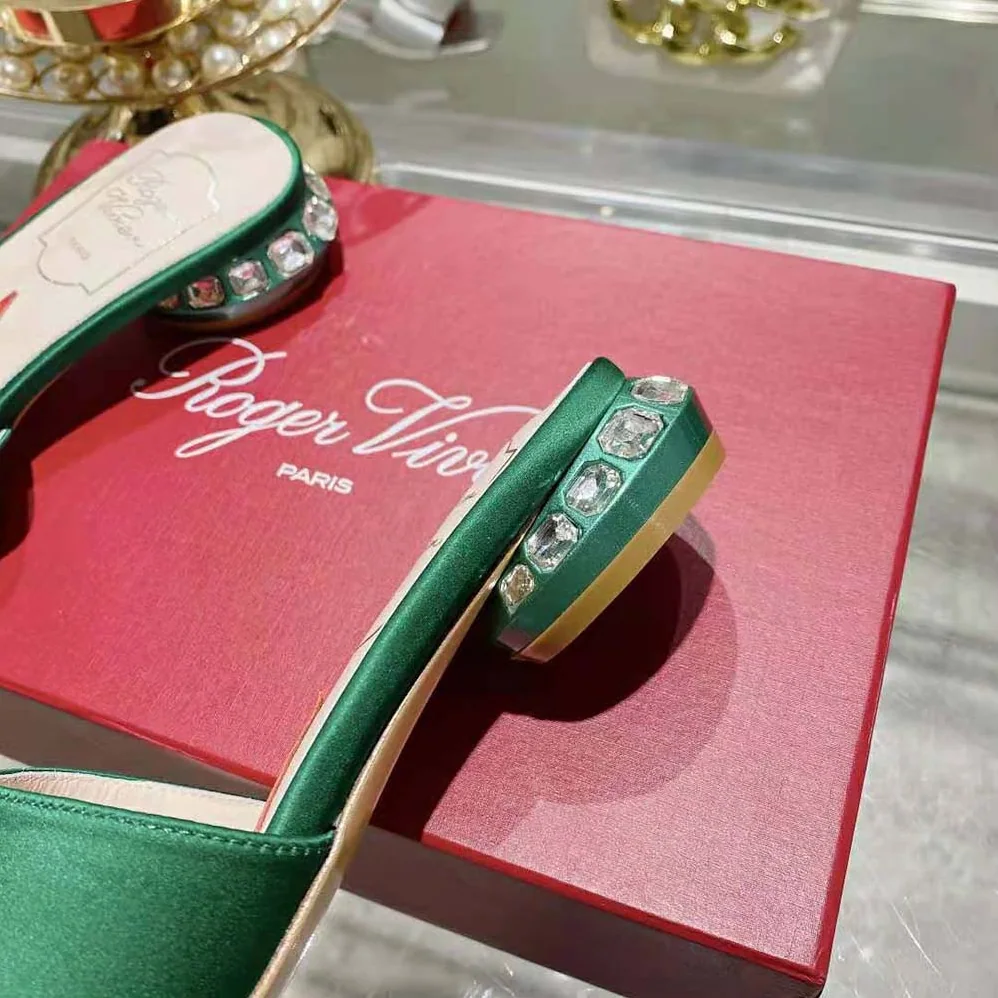 Roger Vivier Strass Heel Covered Buckle Mules in Satin for Women in Green Roger Vivier Strass Heel Covered Buckle Mules in Satin for Women in Green