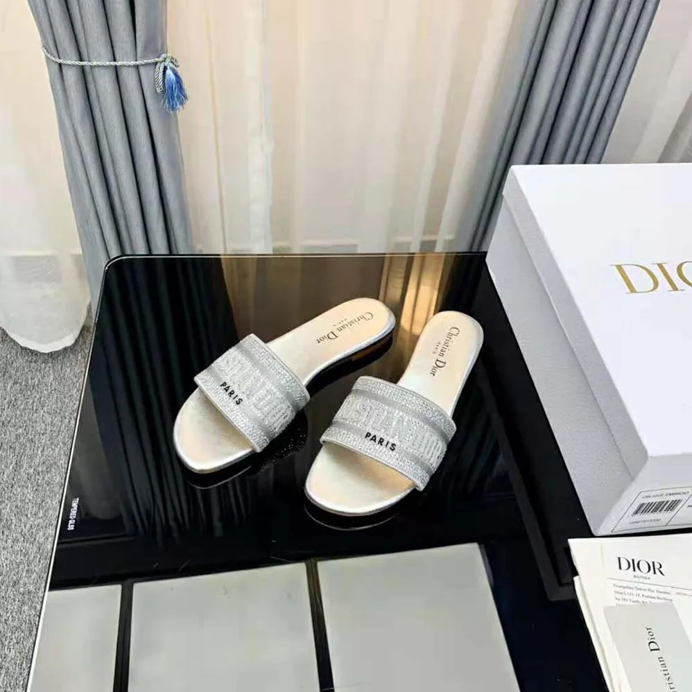 Dior Dway Slide Cotton Metallic Thread Embroidery and Silver for Women in Tone Strass Dior Dway Slide Cotton Metallic Thread Embroidery and Silver for Women in Tone Strass