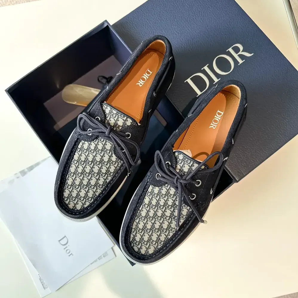 Dior Granville Boat Shoe Navy Blue Suede with Beige and Black Dior Oblique Jacquard for Men Dior Granville Boat Shoe Navy Blue Suede with Beige and Black Dior Oblique Jacquard for Men