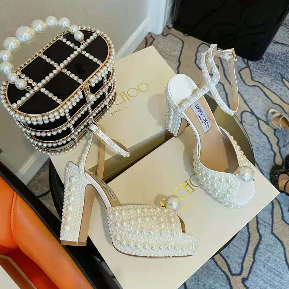 Jimmy Choo Sacaria/pf 120 White Satin Platform Sandals with All for Women in Over Pearl Embellishment
