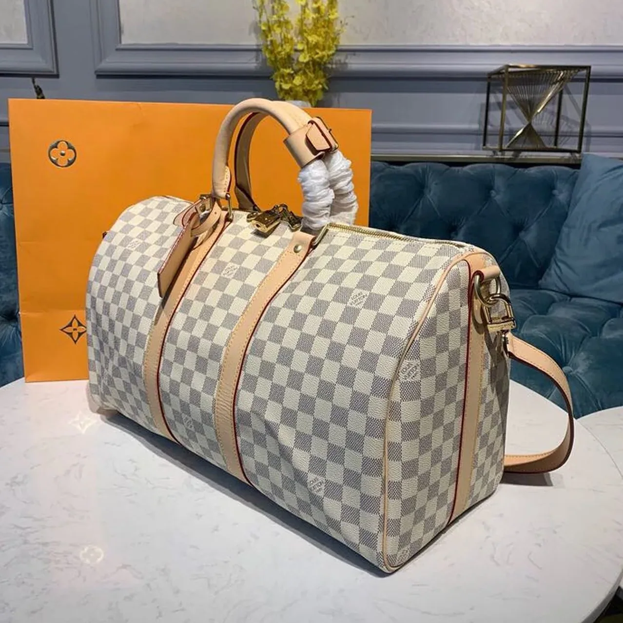 Louis Vuitton Keepall Bandouliere 45 Travel Bag in Damier Azur Gold Hardware Louis Vuitton Keepall Bandouliere 45 Travel Bag in Damier Azur Gold Hardware