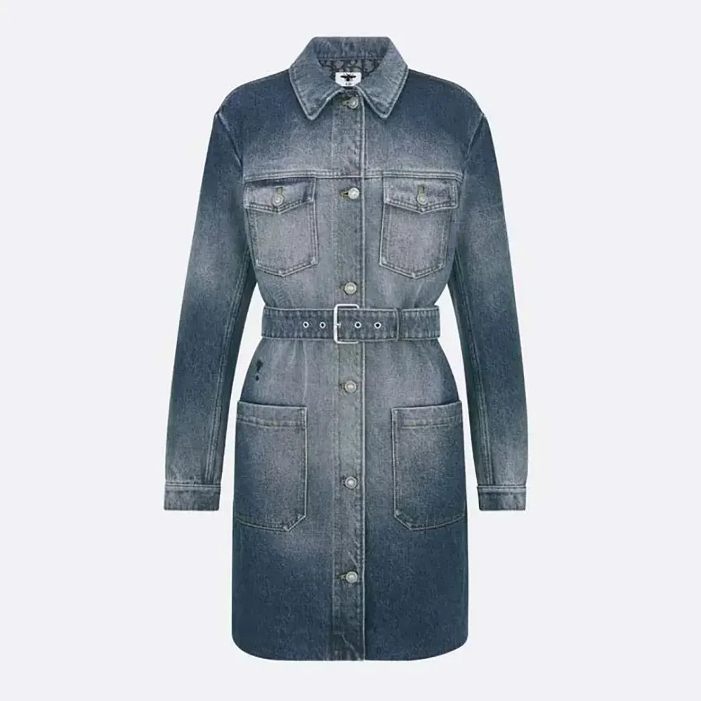 Dior Long Belted Jacket Blue Stonewashed Cotton Denim with Dior Oblique Interior for Women