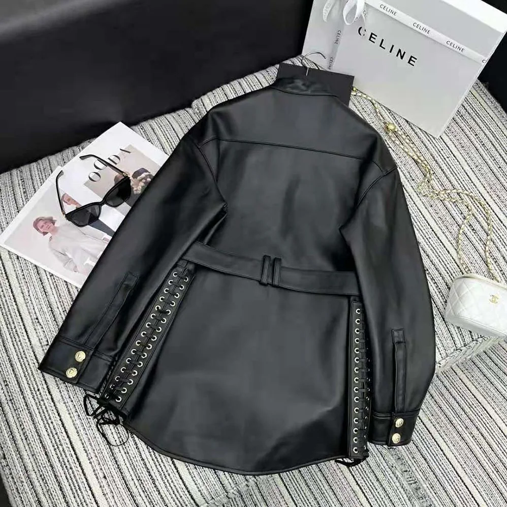 Balmain Leather Overshirt with Lace for Women in up Details