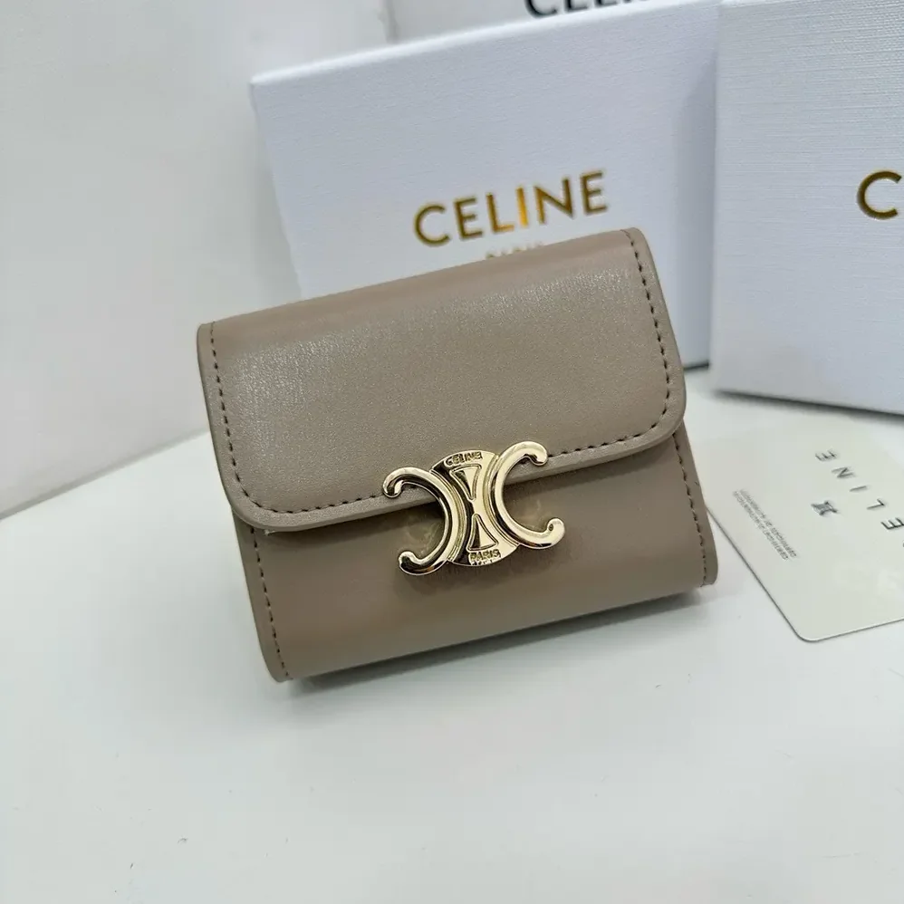 Celine Compact Wallet with Coin Triomphe in Shiny Calfskin for Women in Grey Celine Compact Wallet with Coin Triomphe in Shiny Calfskin for Women in Grey