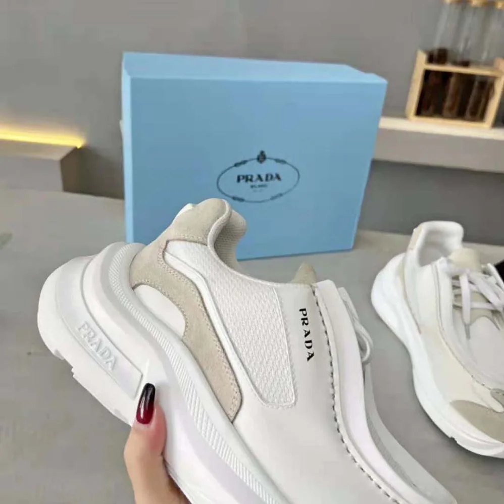 Prada Brushed Leather Sneakers with Bike Fabric and Suede Elements for Men in White Prada Brushed Leather Sneakers with Bike Fabric and Suede Elements for Men in White