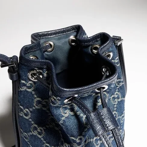 Gucci Bucket With Gucci Plaque Mini Shoulder Bag / Dark Blue Denim Palladium Hardware Gucci Bucket With Gucci Plaque Mini Shoulder Bag / Dark Blue Denim Palladium Hardware