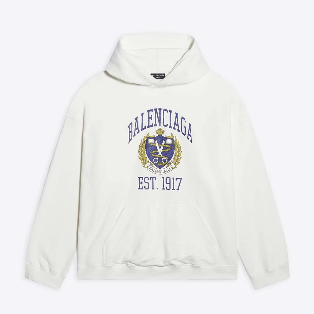 Balenciaga College Wide Fit Hoodie in off-white and Dark Blue Medium Fleece for Women Balenciaga College Wide Fit Hoodie in off-white and Dark Blue Medium Fleece for Women