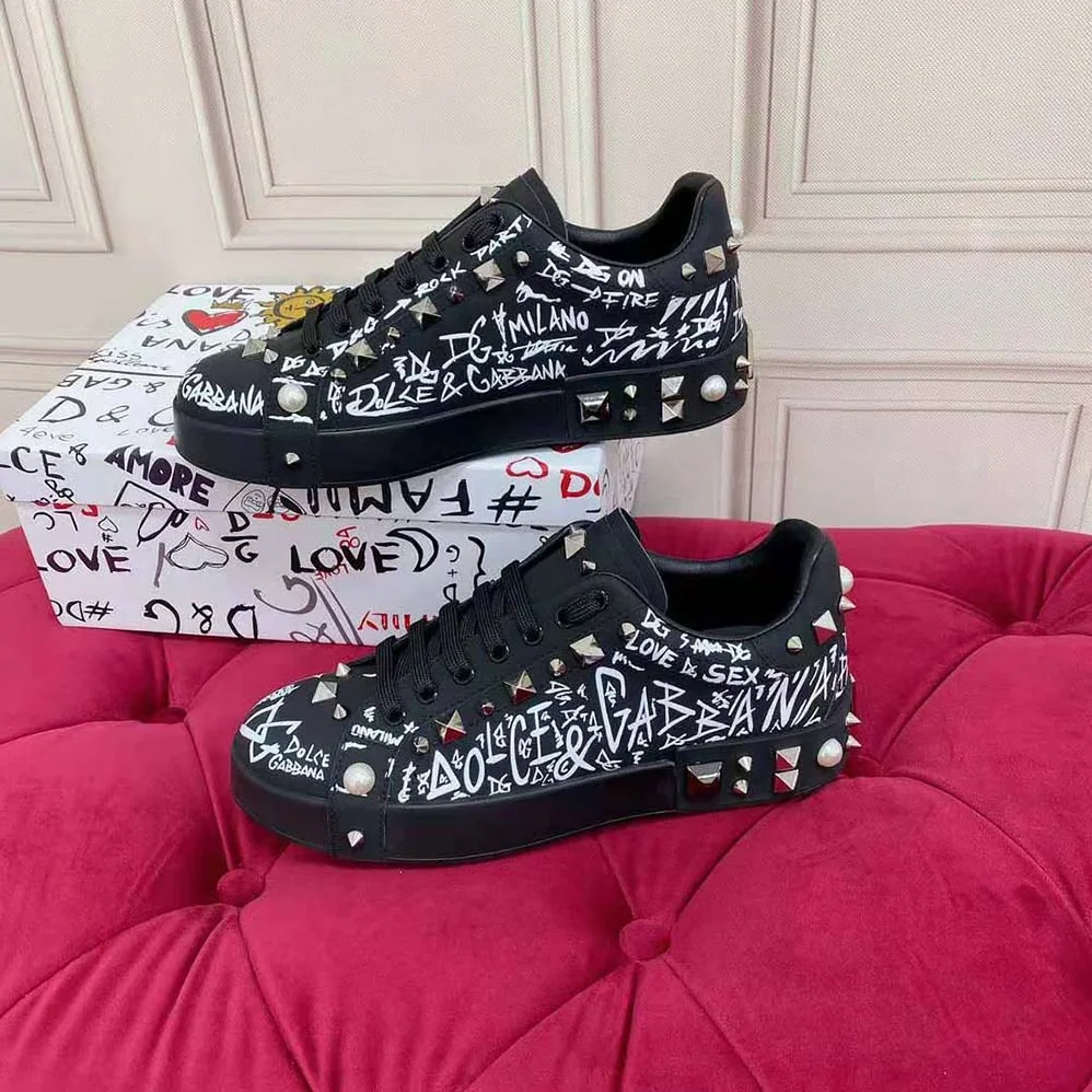 Dolce Gabbana D&G Calfskin Nappa Portofino Sneakers with Studs for Unisex in Black