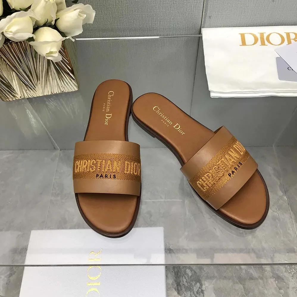 Dior Dway Slide Camel Calfskin and Embroidered Cotton for Women