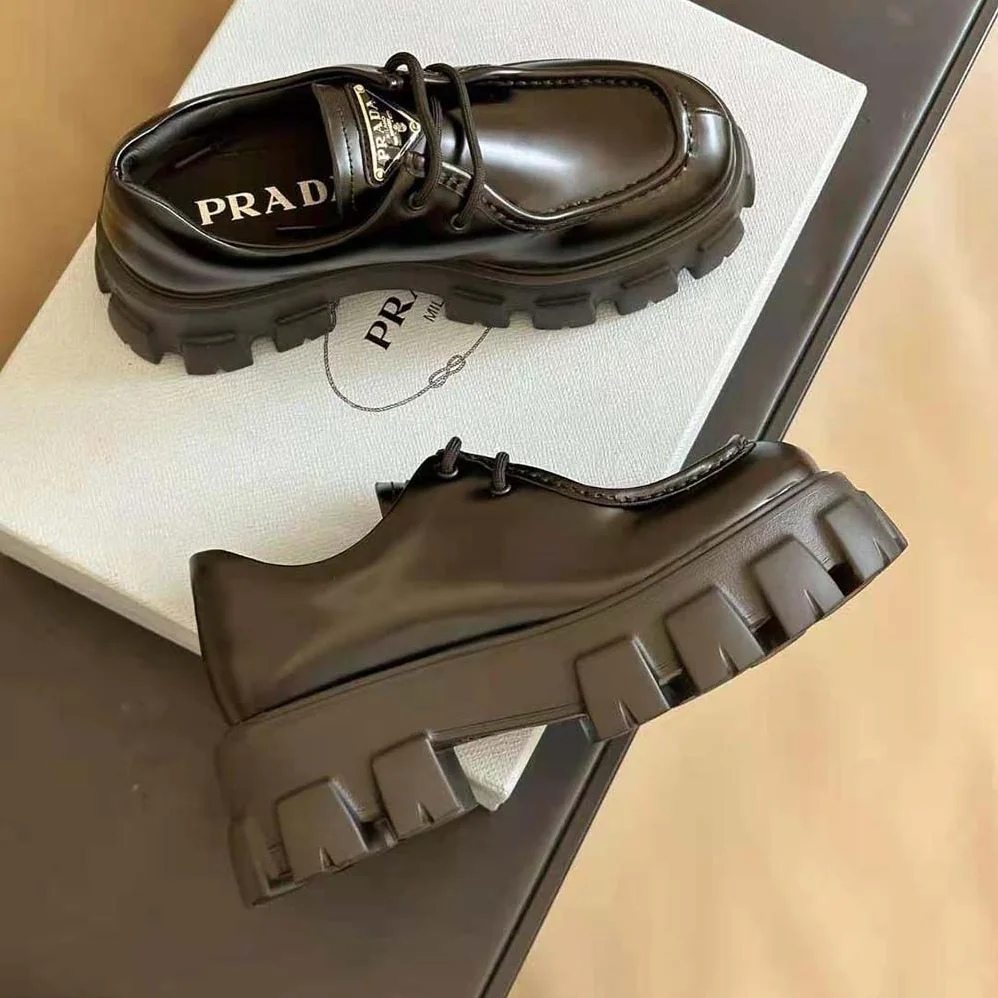 Prada Monolith Brushed Leather Lace-up Shoes for Women in Black Prada Monolith Brushed Leather Lace-up Shoes for Women in Black