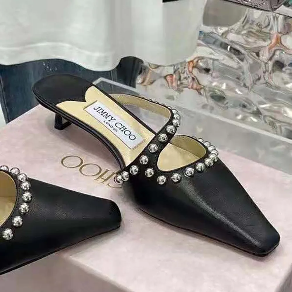 Jimmy Choo ROS 35 Black Nappa Leather Mules with Silver Dome Studs for Women Jimmy Choo ROS 35 Black Nappa Leather Mules with Silver Dome Studs for Women