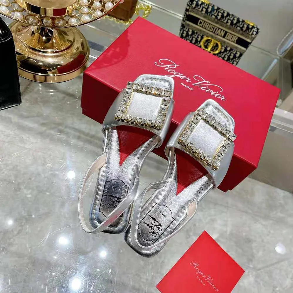 Roger Vivier Biki Love Strass Buckle Sandals in Leather for Women in Silver Roger Vivier Biki Love Strass Buckle Sandals in Leather for Women in Silver
