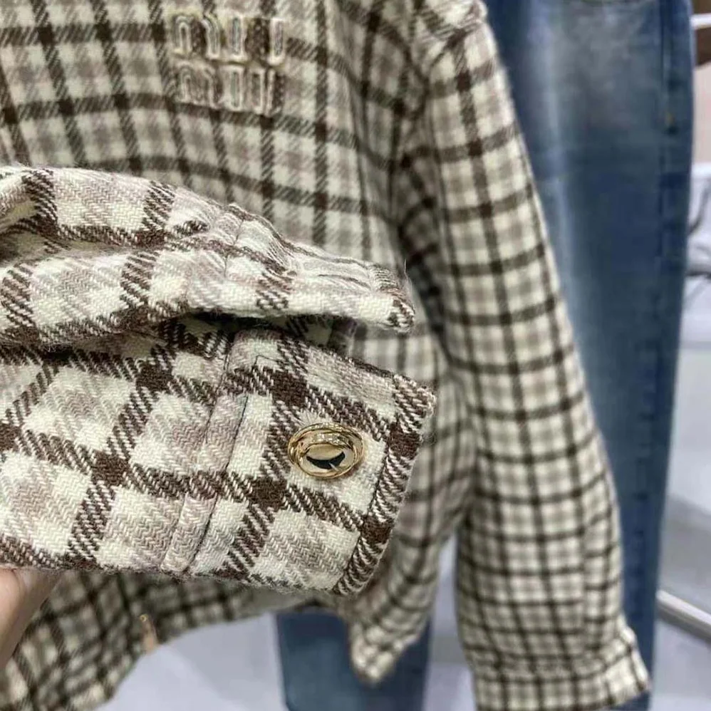 Miu Miu Check Blouson Jacket with Embroidered Logo for Women Miu Miu Check Blouson Jacket with Embroidered Logo for Women