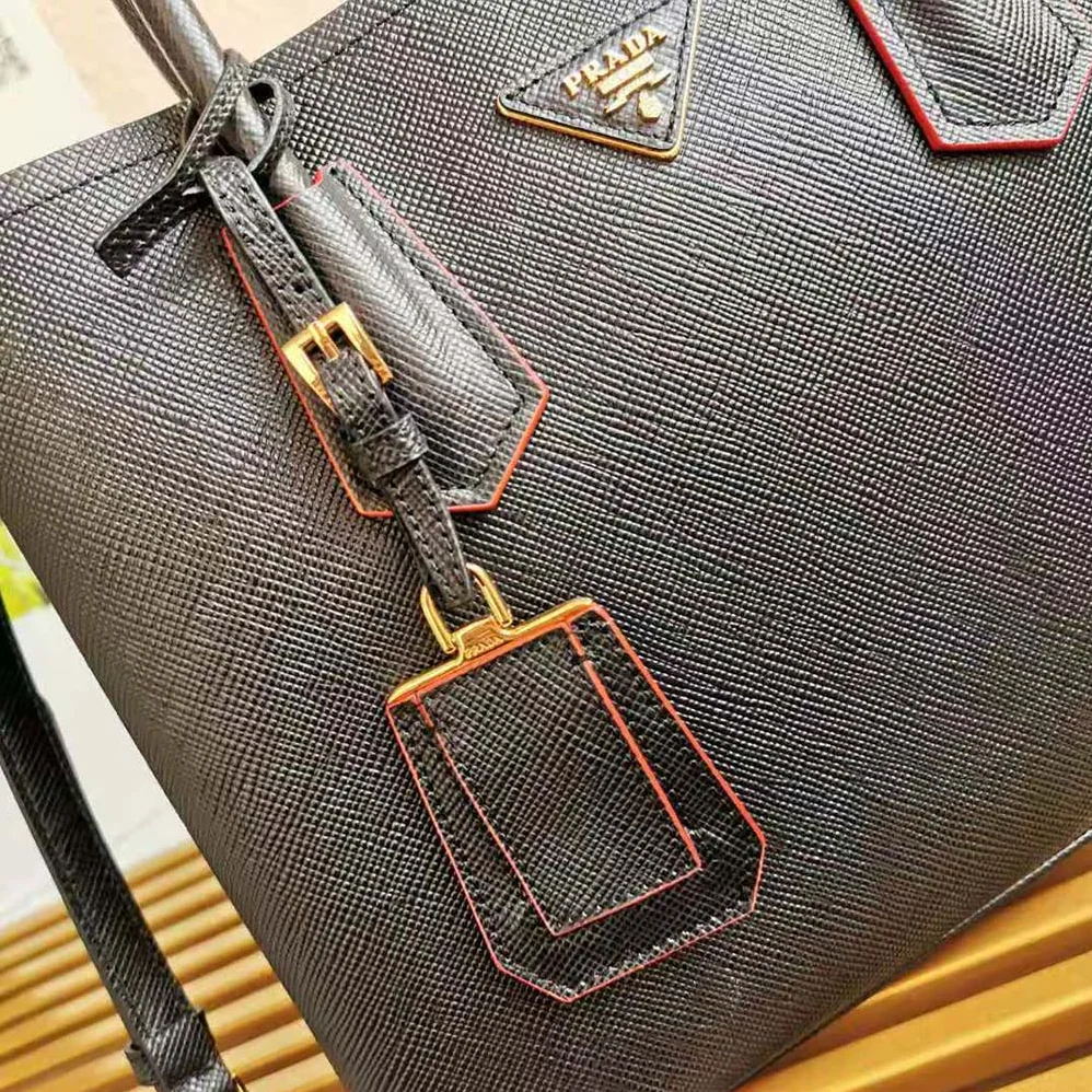 Prada Small Saffiano Leather Double Prada Bag for Women in Black Prada Small Saffiano Leather Double Prada Bag for Women in Black