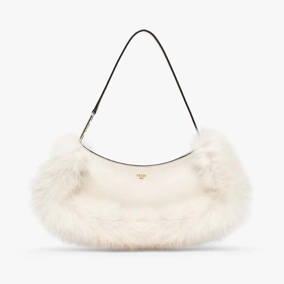 Fendi O'Lock Swing Camellia Leather and Fox Fur Pouch for Women
