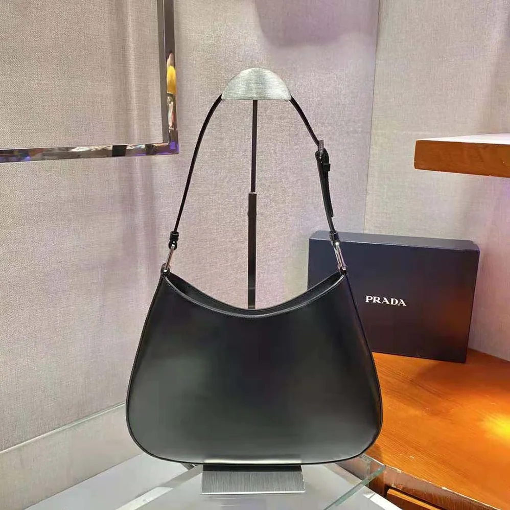 Prada Cleo Brushed Leather Shoulder Bag for Women in Black