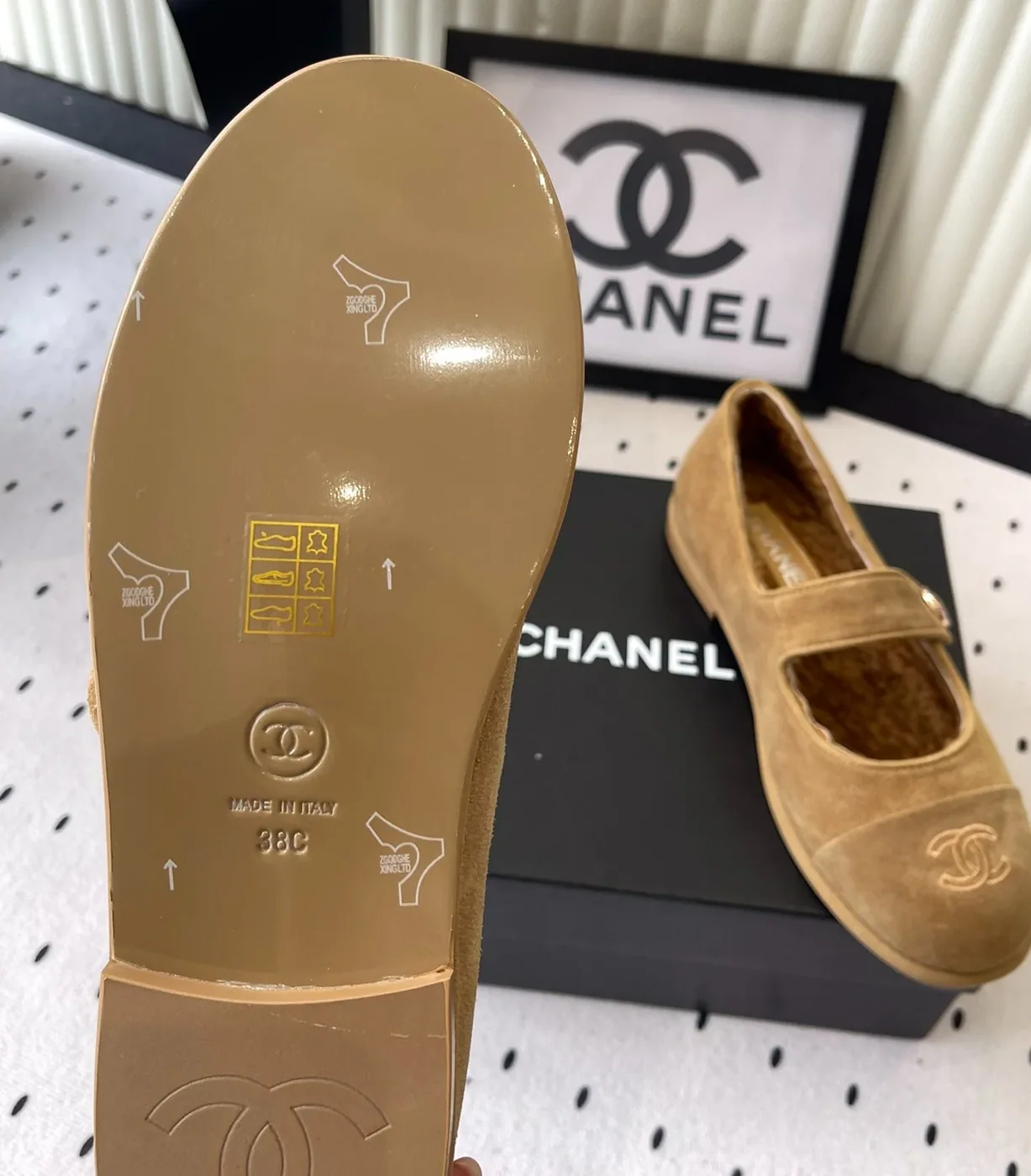 Chanel Mary Jane Flats Tan Suede Shearling