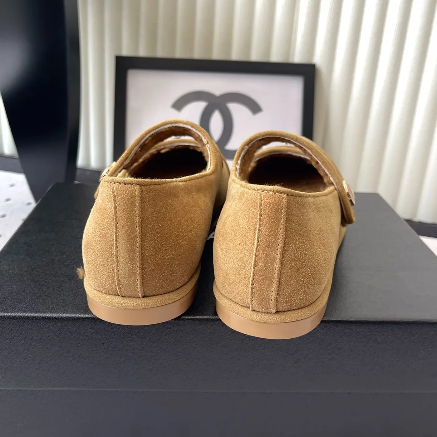 Chanel Mary Jane Flats Tan Suede Shearling