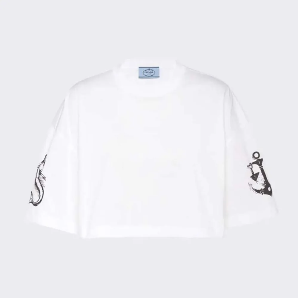 Prada Cropped Printed Jersey T-Shirt for Women in White Prada Cropped Printed Jersey T-Shirt for Women in White