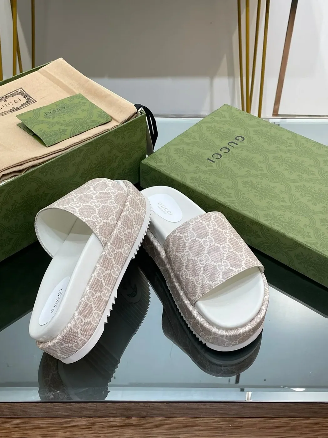 Gucci Jumbo Gg Platform Slide Sandal Light Green