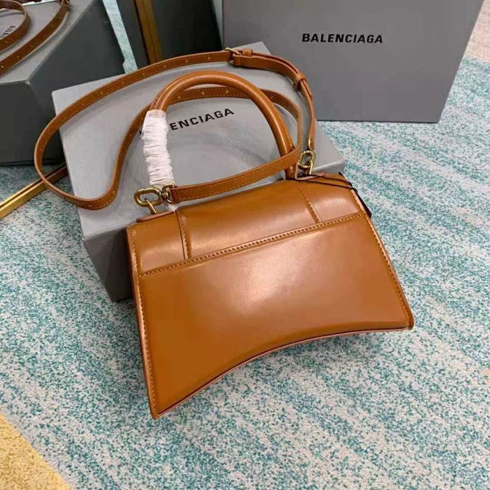Balenciaga Hourglass Small Top Handle Bag in Shiny Box Calfskin for Women in Brown