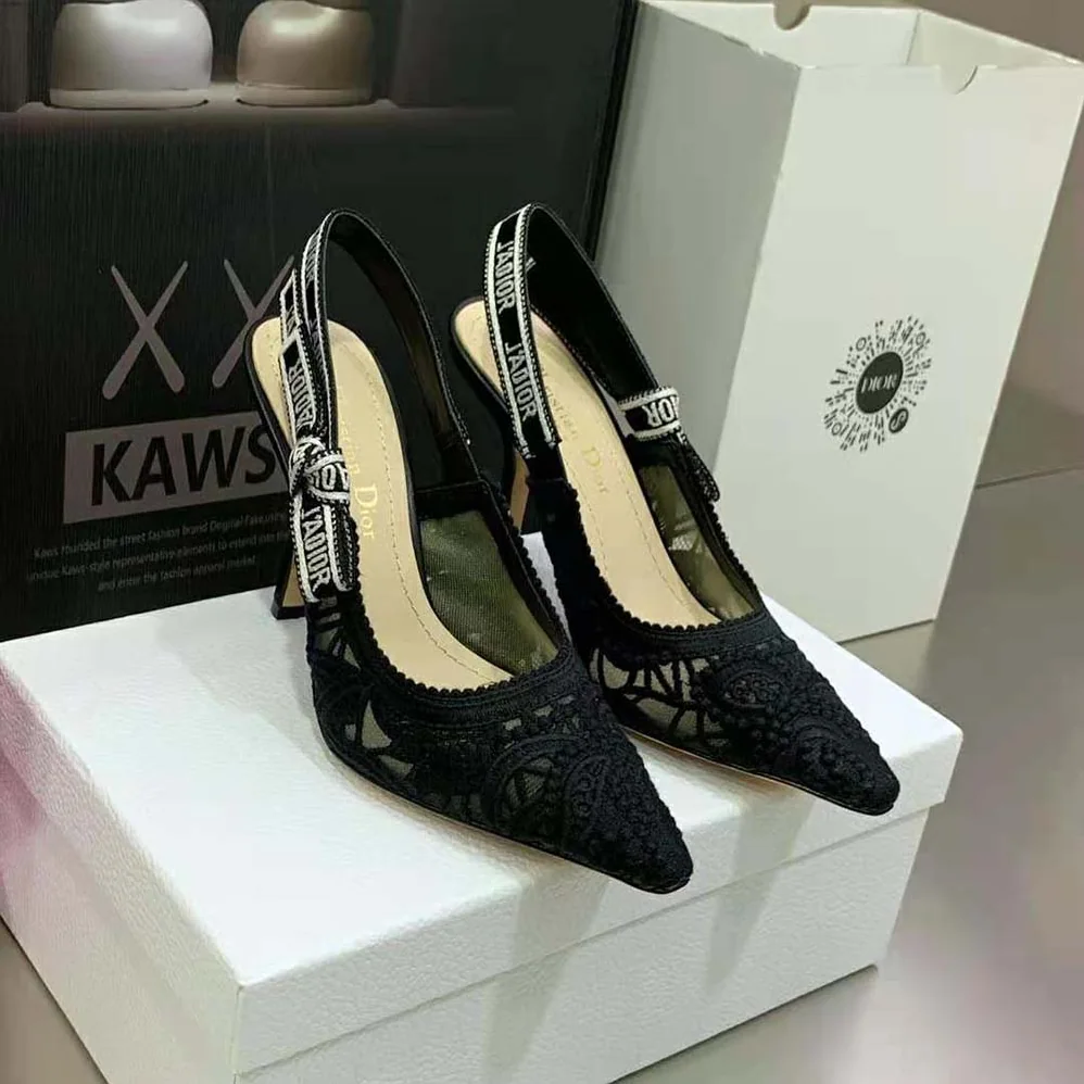 Dior J Adior Slingback Pump Black Macramé Embroidered Cotton for Women Dior J Adior Slingback Pump Black Macramé Embroidered Cotton for Women