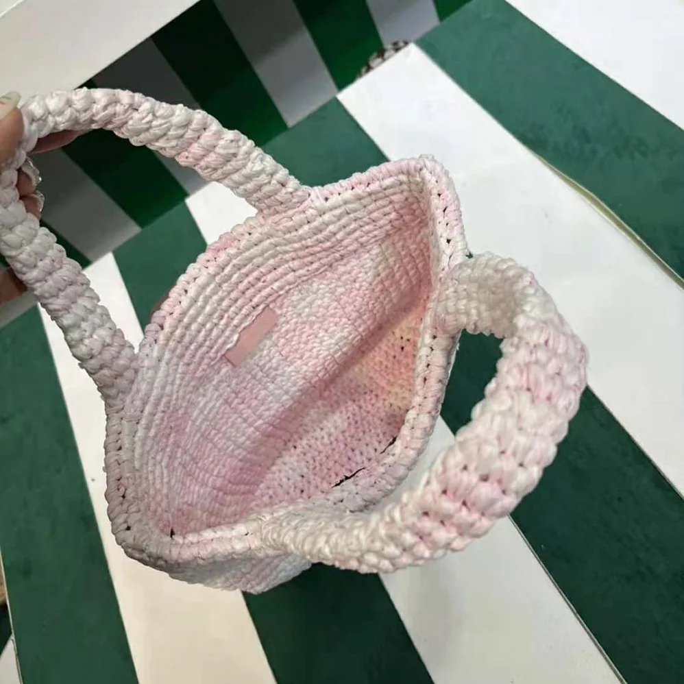 Prada Small Crochet Tote Bag with Embroidered Lettering Logo for Women in Pink Prada Small Crochet Tote Bag with Embroidered Lettering Logo for Women in Pink