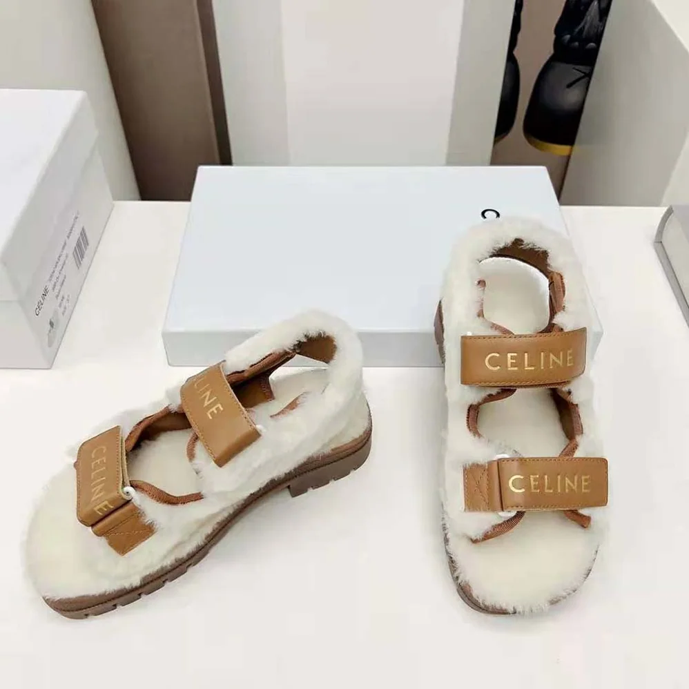 Celine Leo Scratch Sandal in Shearling & Calfskin for Women