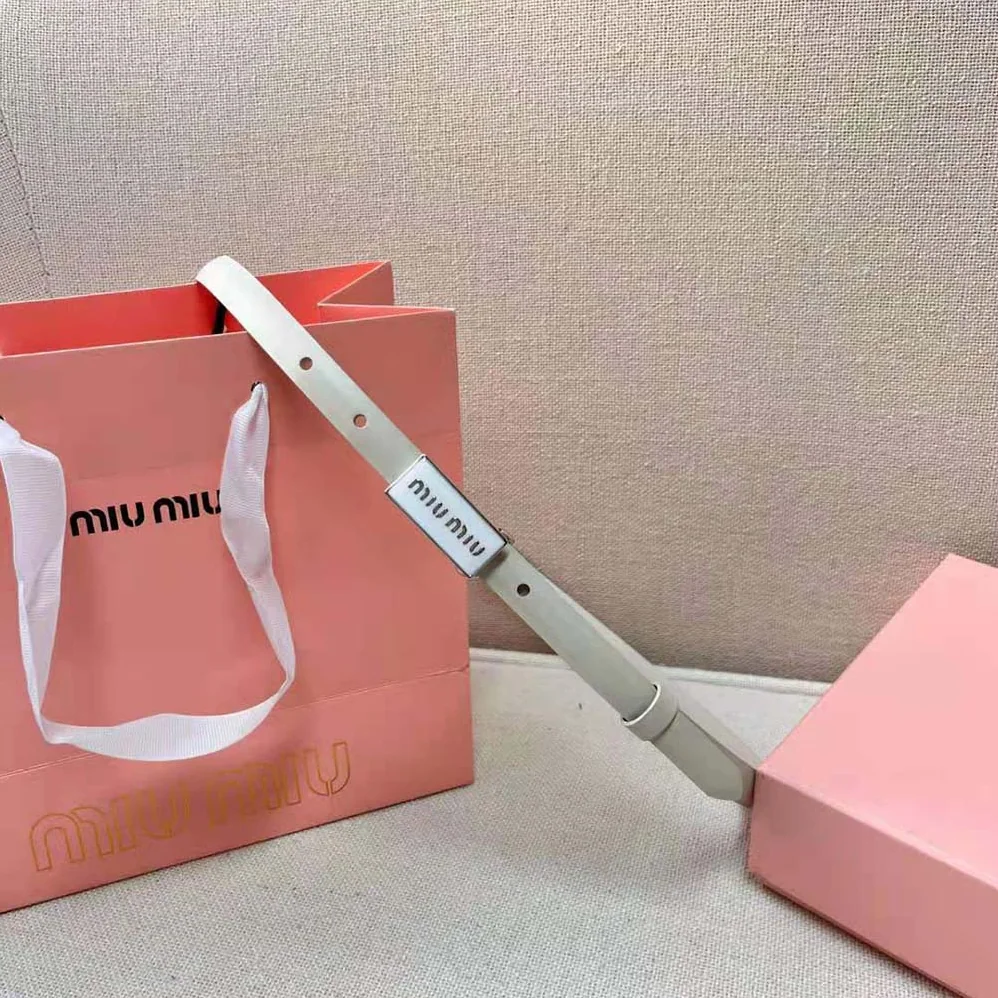 Miu Miu Brushed Leather Belt with Enameled Metal Buckle for Women in White Miu Miu Brushed Leather Belt with Enameled Metal Buckle for Women in White
