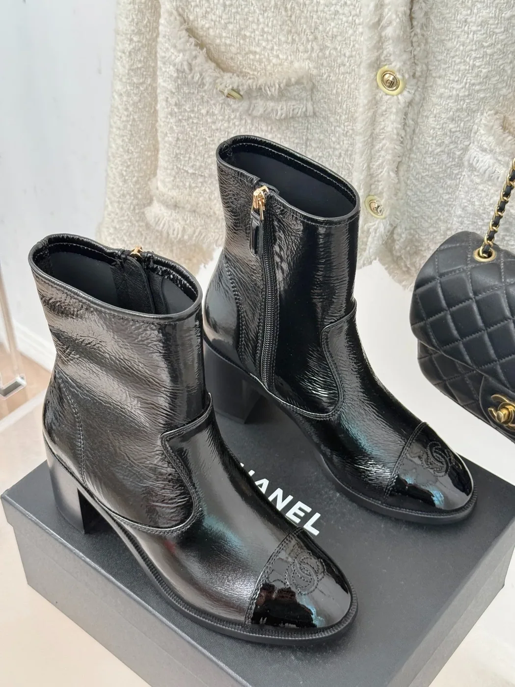 Chanel Glossy Chunky Ankle Heel Boots Black / Chanel Glossy Chunky Ankle Heel Boots Black /