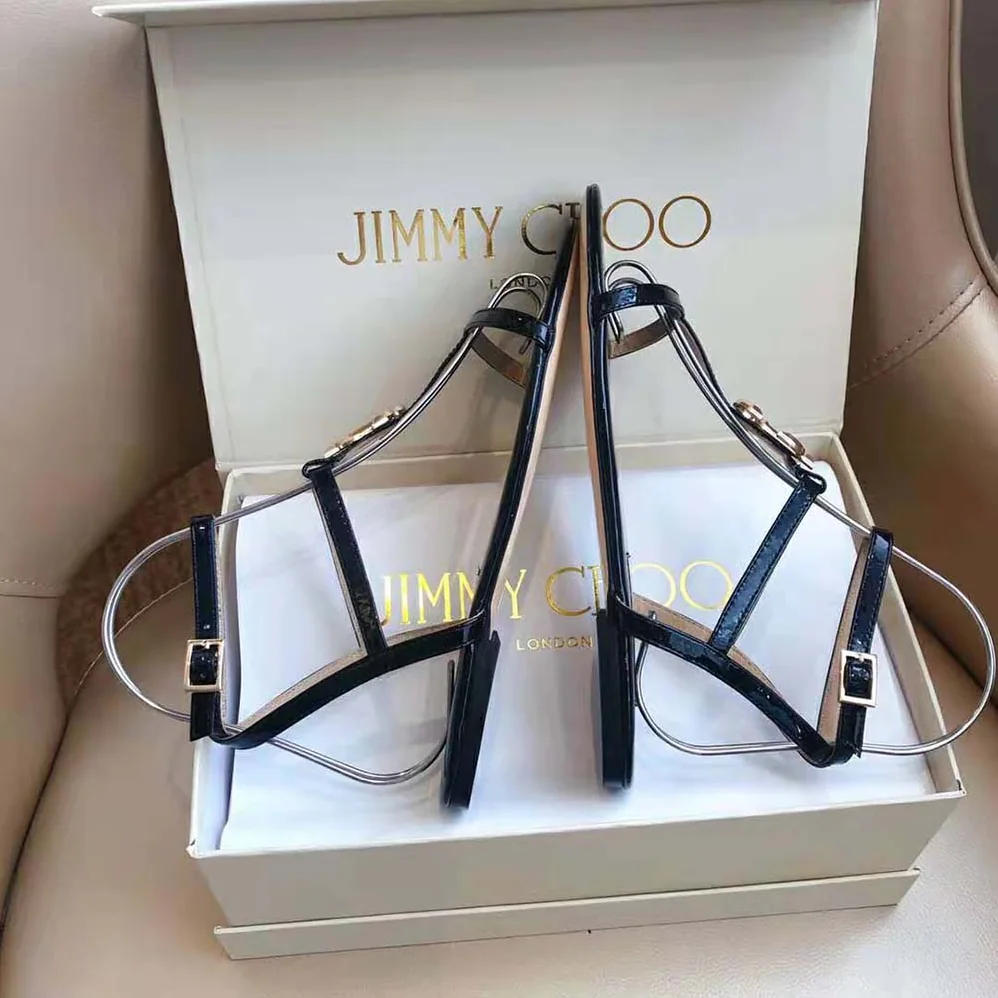 Jimmy Choo Alodie Flat Black Nappa and Patent Leather Flat Sandals for Women Jimmy Choo Alodie Flat Black Nappa and Patent Leather Flat Sandals for Women