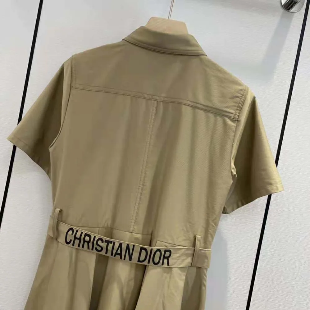 Dior Mid-Length Belted Pleated Dress Beige Technical Cotton Gabardine for Women