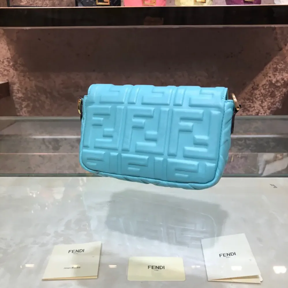 Fendi Baguette Mini Blue Nappa Leather Bag with FF Motif for Women