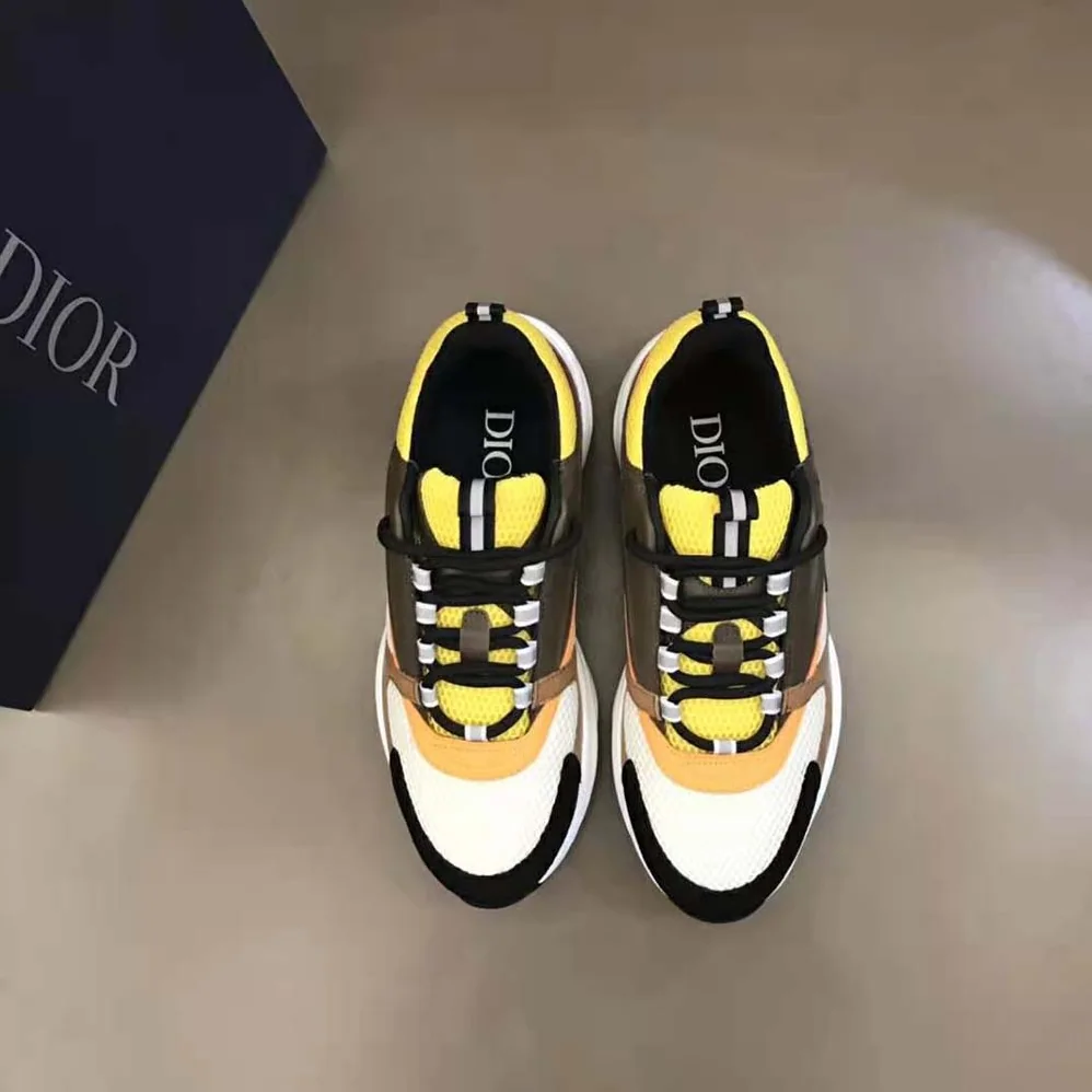 Dior B22 Sneaker Yellow and White Technical Mesh with Ebony and Camel Smooth Calfskin for Men