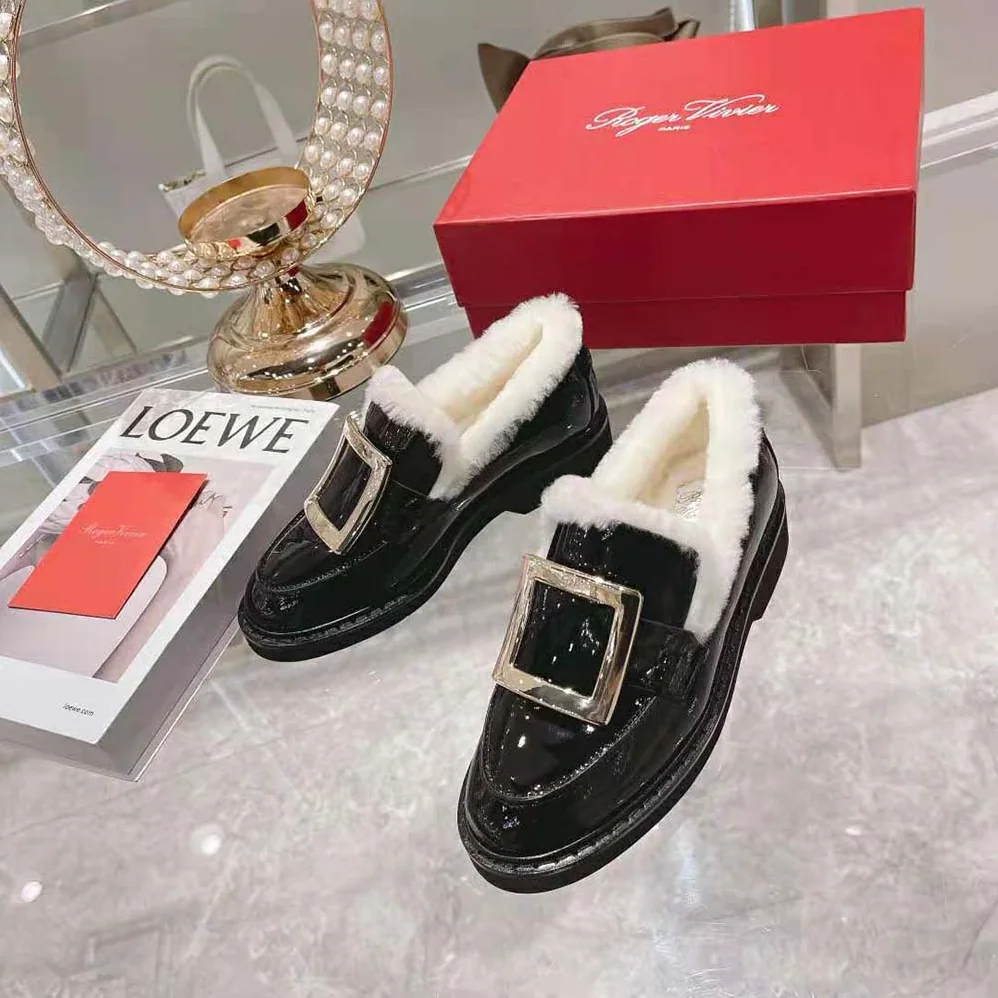 Roger Vivier Viv' Rangers Metal Buckle Fur Loafers in Patent Leather for Women Roger Vivier Viv' Rangers Metal Buckle Fur Loafers in Patent Leather for Women