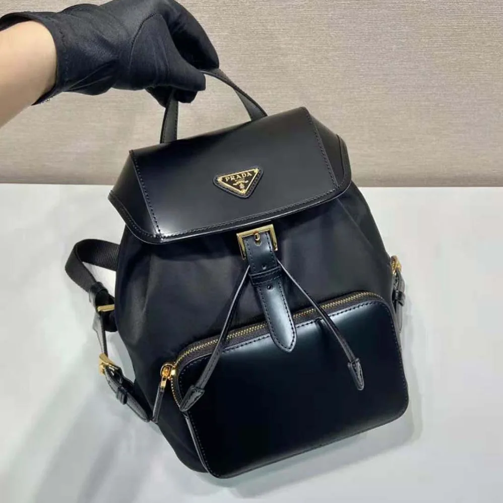 Prada Re-Nylon and Brushed Leather Backpack for Women in Black