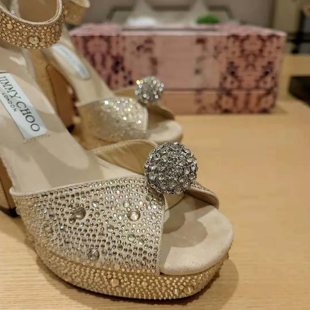 Jimmy Choo Socorie 120 Honey Gold Suede Platform Sandals with Crystals for Women