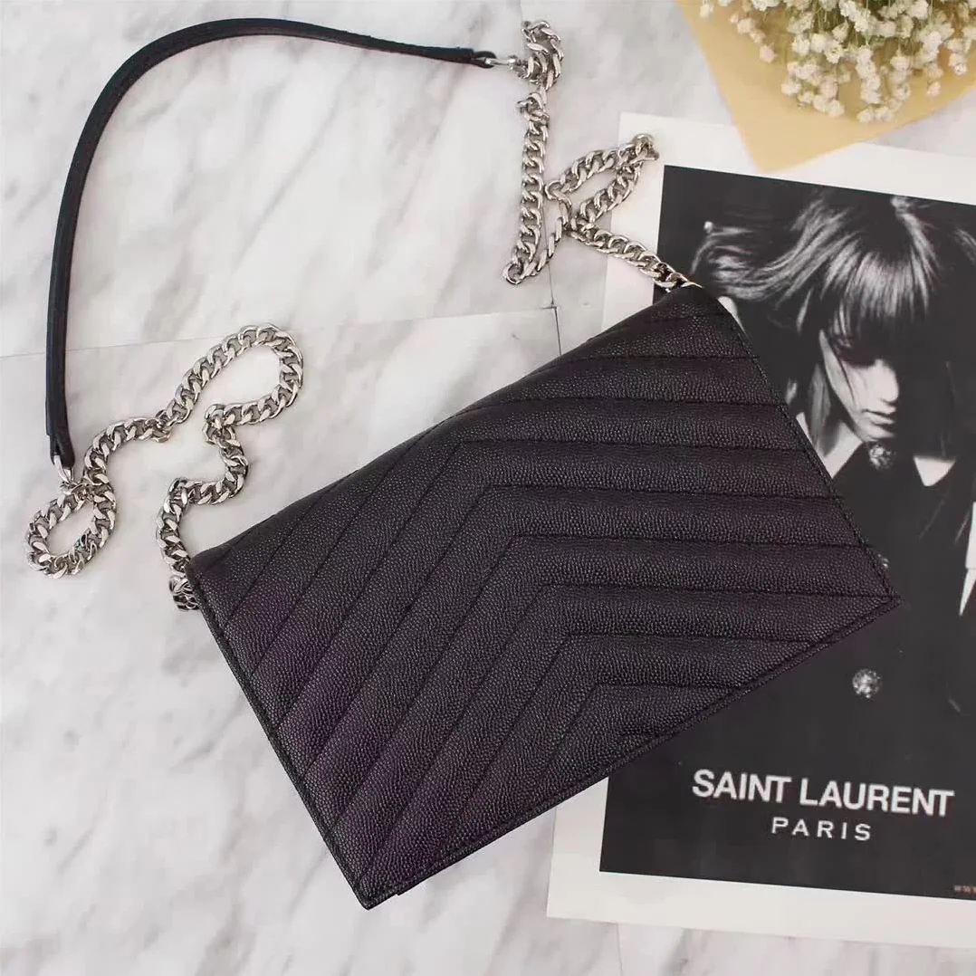 Saint Laurent YSL Medium Monogram Envelope Chain Wallet Silver Hardware in Black Saint Laurent YSL Medium Monogram Envelope Chain Wallet Silver Hardware in Black