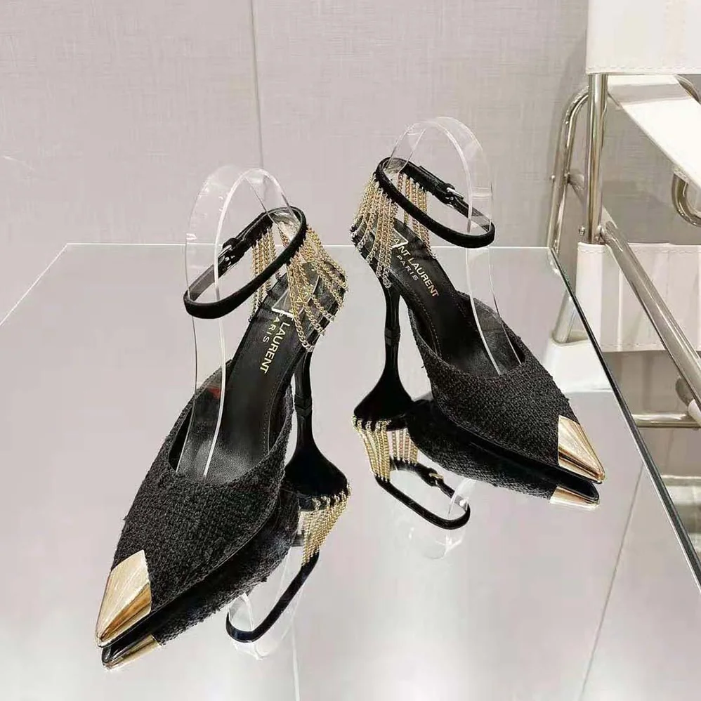 Saint Laurent YSL Sling Chain Pumps in Boucle Tweed for Women Saint Laurent YSL Sling Chain Pumps in Boucle Tweed for Women