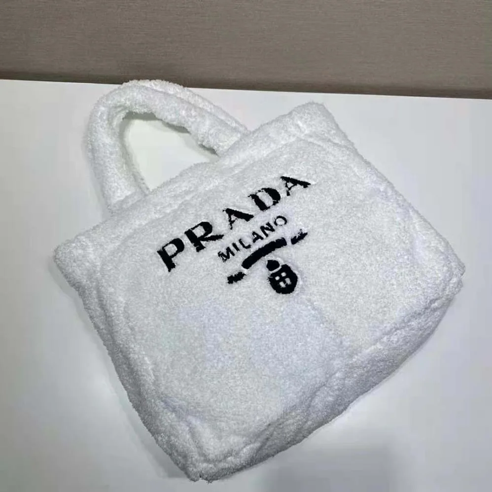 Prada Enameled Metal Triangle Logo Terry Tote Bag for Women in White