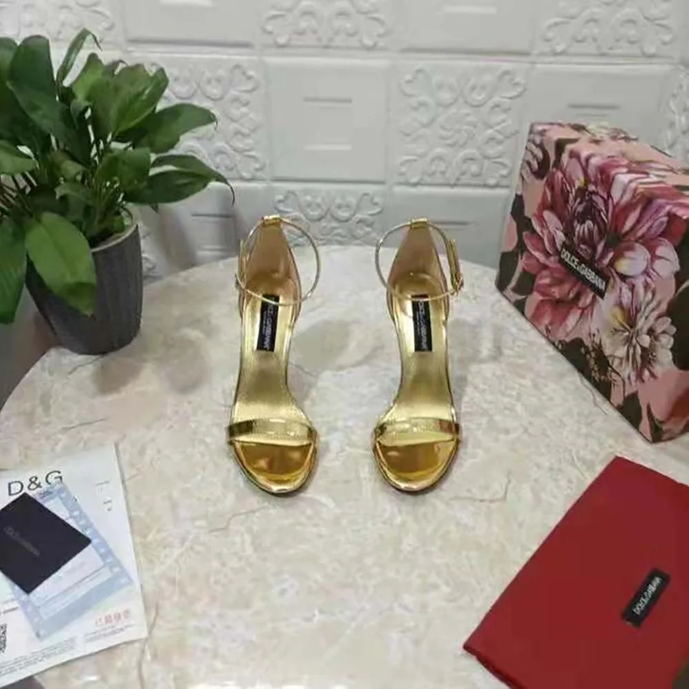 Dolce Gabbana D&G Mirrored-Effect Calfskin Sandals for Women in Gold Dolce Gabbana D&G Mirrored-Effect Calfskin Sandals for Women in Gold